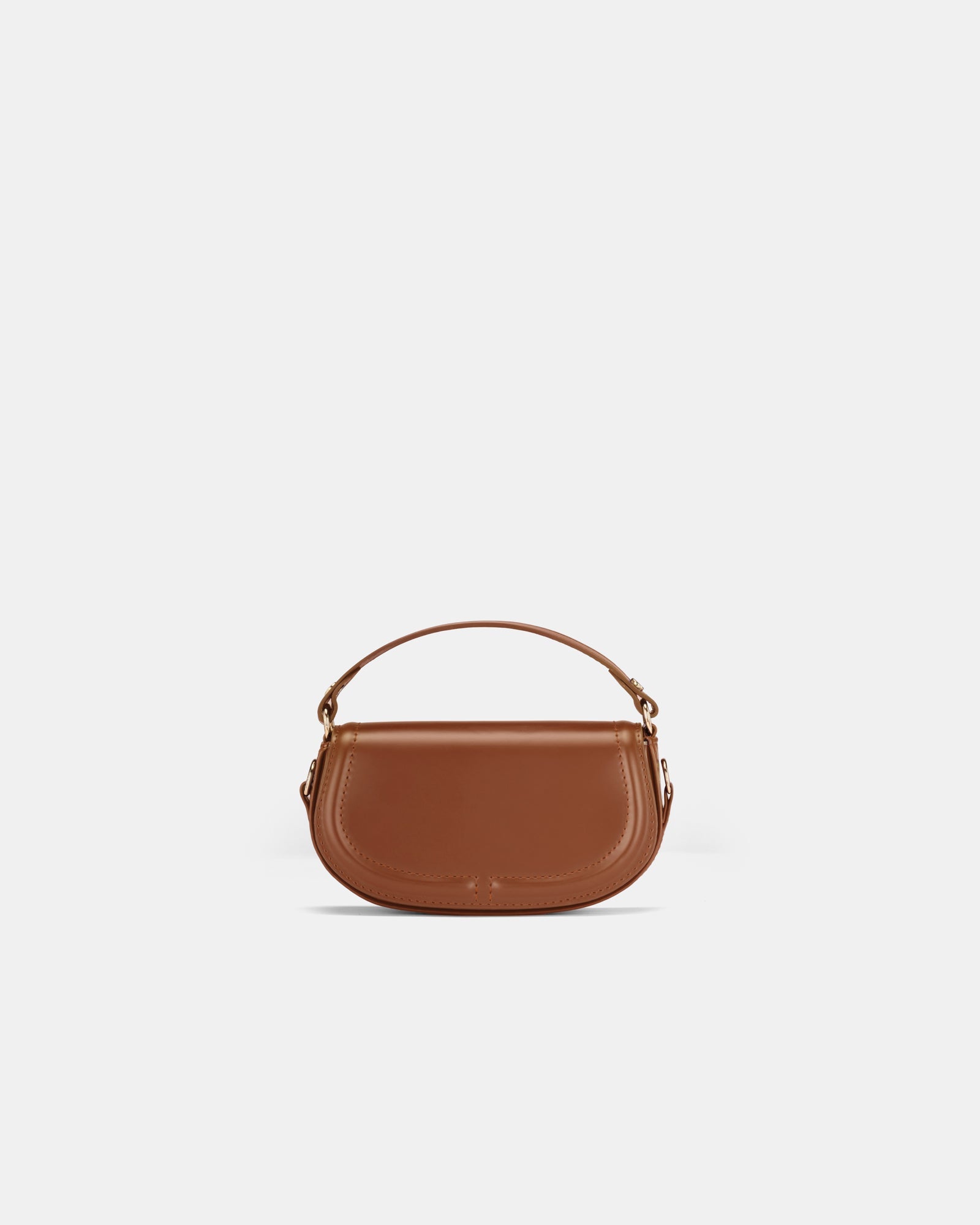 Brown leather handbag on a light gray background